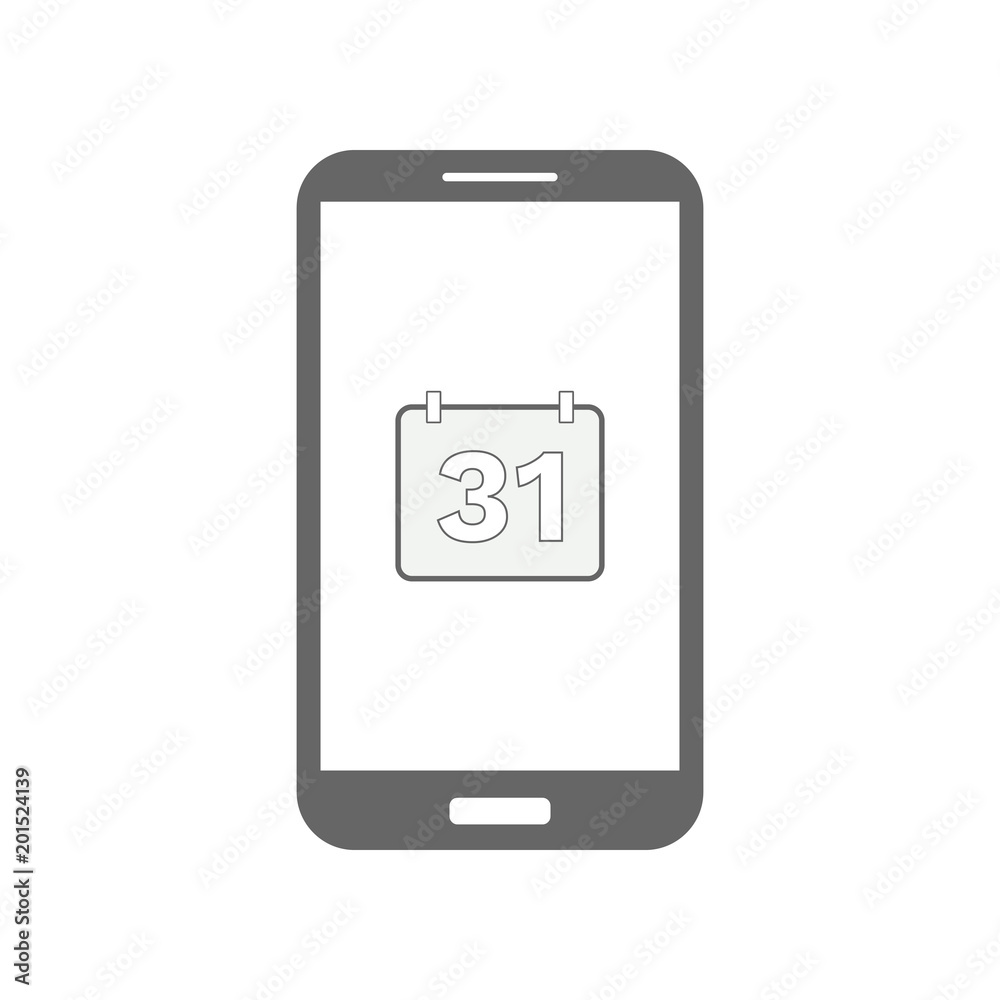 Mobile calendar app. 31 day calendar icon on smartphone screen. Vector. Mobile calendar app. 31 day calendar icon on smartphone screen. Vector.