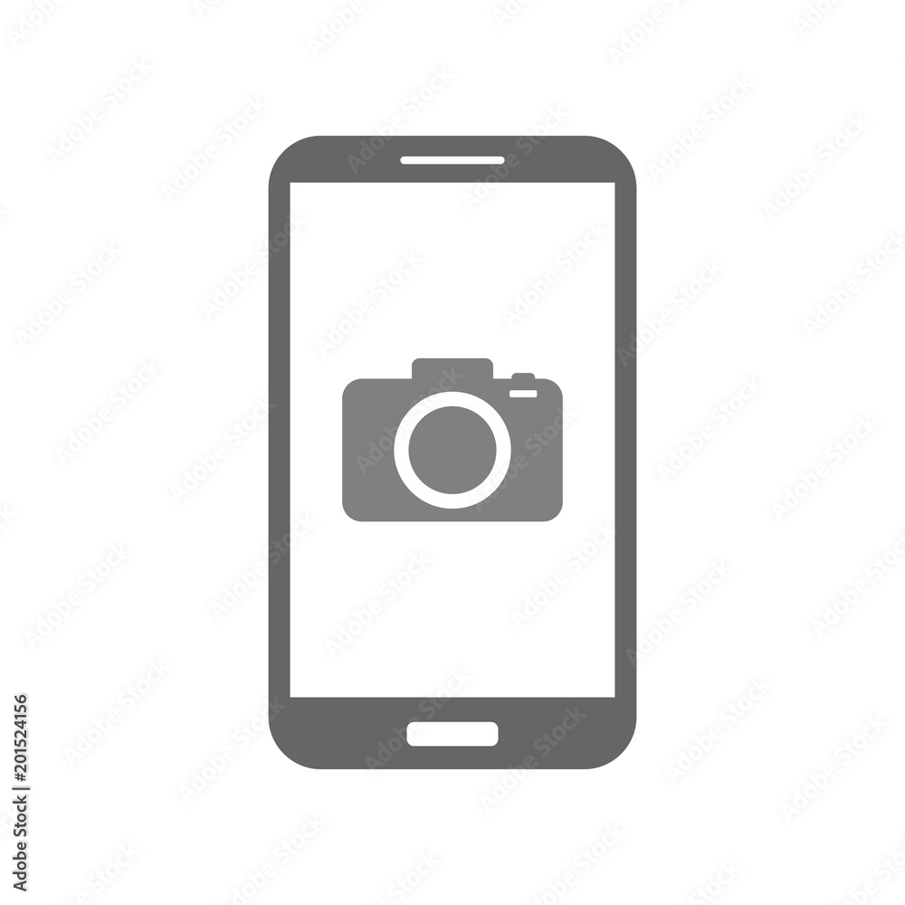 Mobile camera app. Photo camera icon on smartphone screen. Vector. Mobile camera app. Photo camera icon on smartphone screen. Vector.
