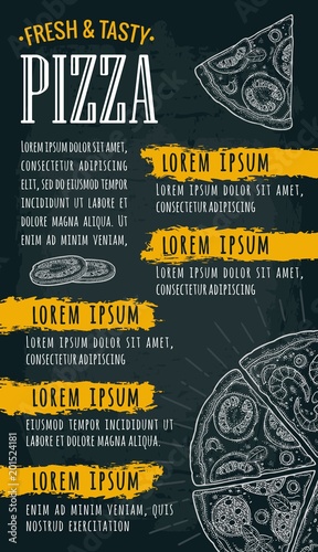 Restaurant or cafe menu pizza with text.