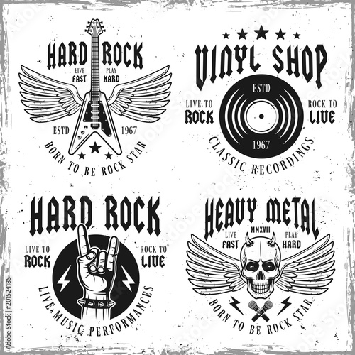 Rock music vector monochrome emblems or labels