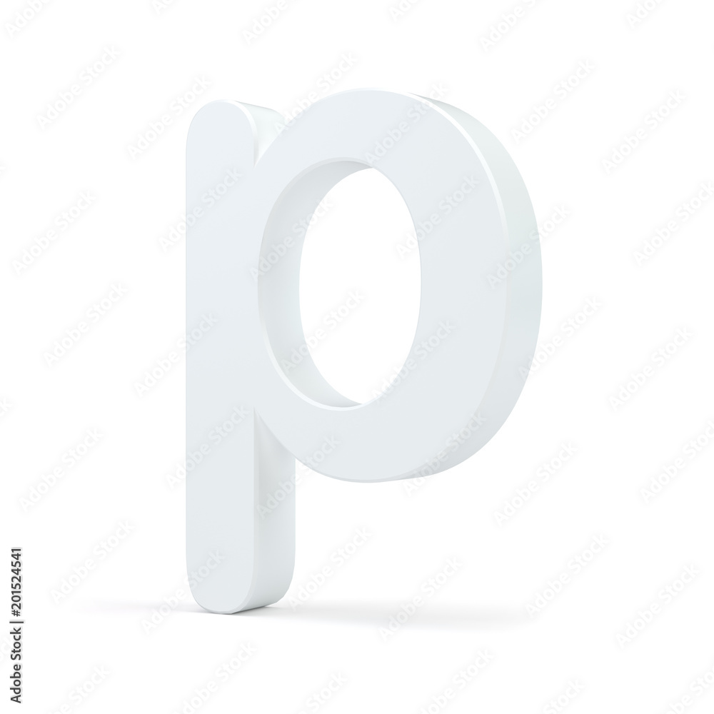 White small letter P isolated on white background. 3d rendering.