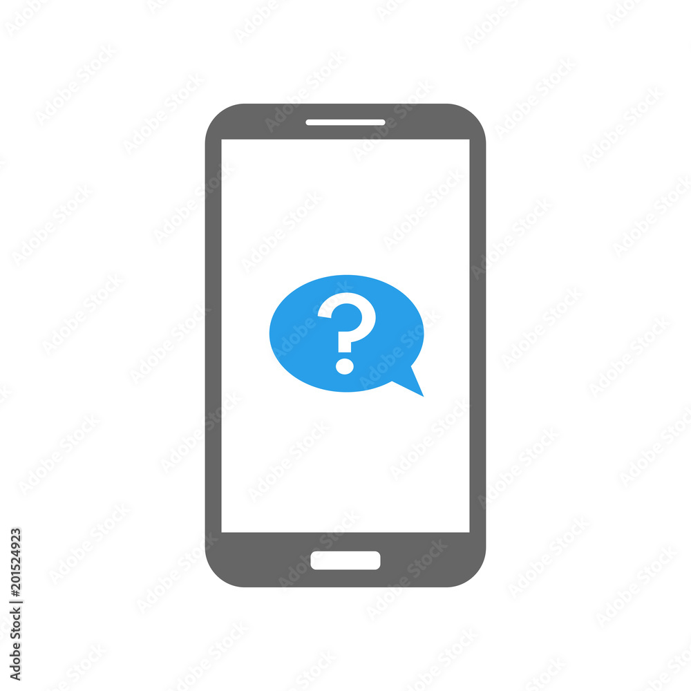 Speech balloon with question mark on smartphone screen. Ask message icon. Vector. Speech balloon with question mark on smartphone screen. Ask message icon. Vector.