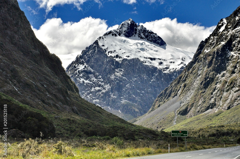 Snow-capped Mount Talbot in Fiordland National Park, New Zealand