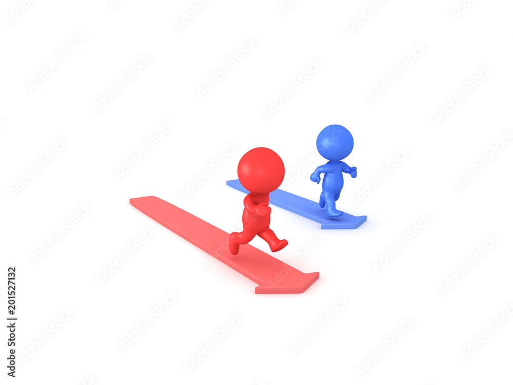 3D illustration of red and blue characters running on arrows 3D illustration of red and blue characters running on arrows