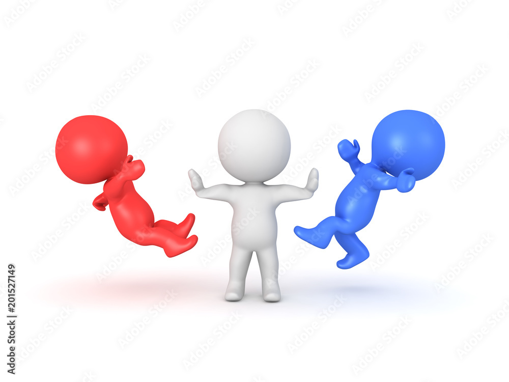 3D illustration of character preventing conflict from red and blue factions 3D illustration of character preventing conflict from red and blue factions