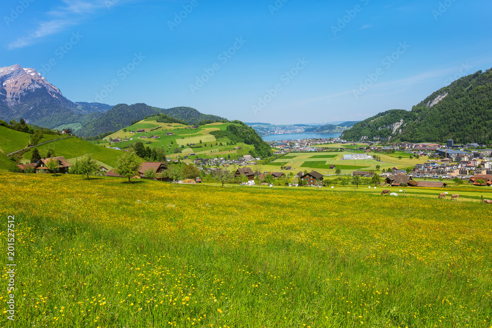 A springtime view from the foot of Mt. Stanserhorn in the Swiss canton of Nidwalden, summit of Mt. Pilatus, Lake Lucerne and buildings of the town of Stans in the background