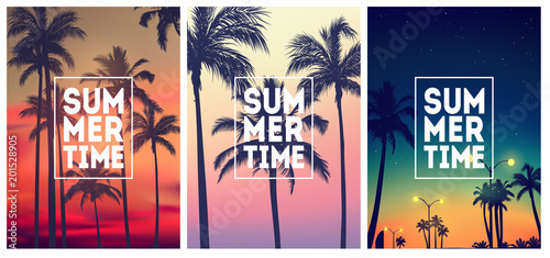 Summer tropical backgrounds set N2 with palms, sky and sunset. Summer placard poster flyer invitation card. Summertime