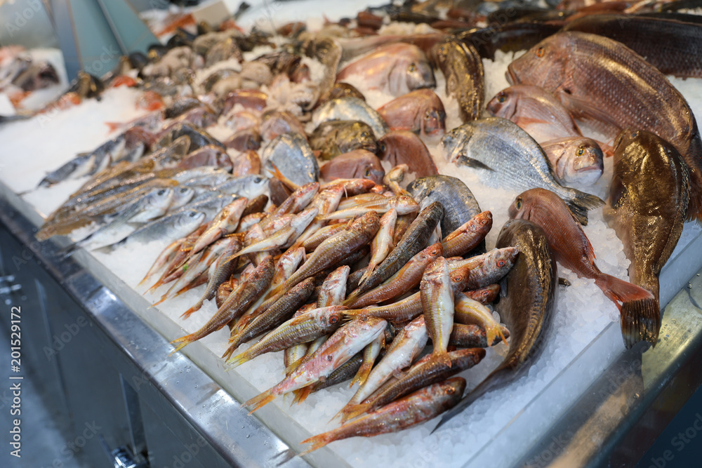 Red striped mullet and other sea fishes on the counter in a greek fish shop.