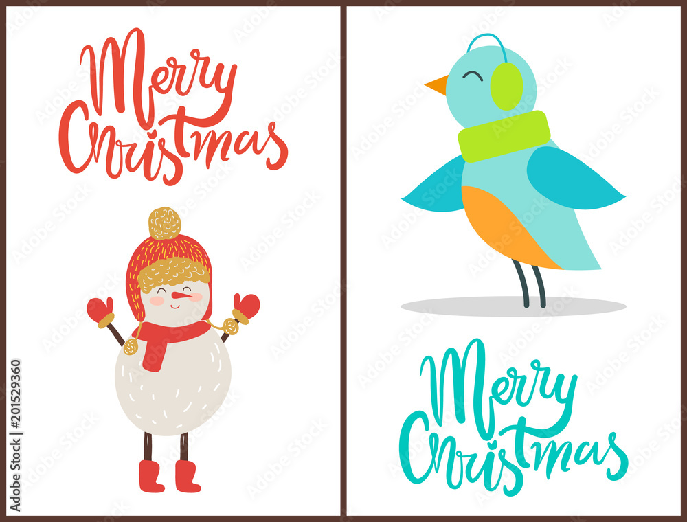Merry Christmas Snowman, Bird Vector Illustration