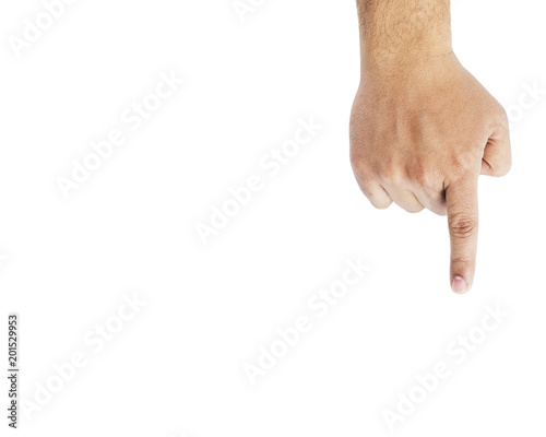 man's hand pointing down on white background.Isolated