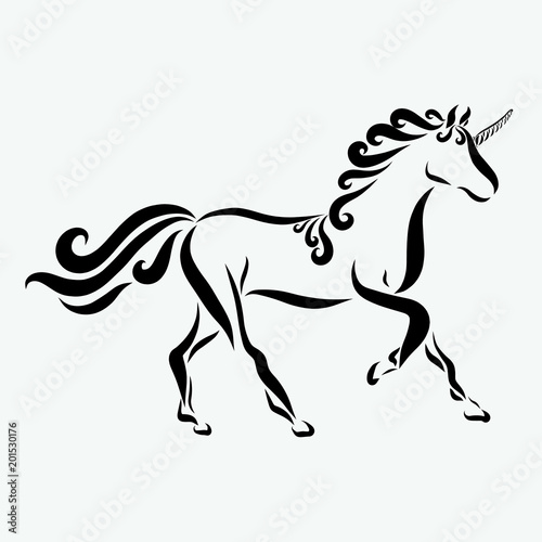 Graceful unicorn  smooth black lines and curls