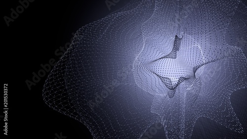 Molecule model with connected lines with dots on dark background. Medicine, technology, chemistry or science background. Scientific or medical background with molecules and atoms. 3d illustration.