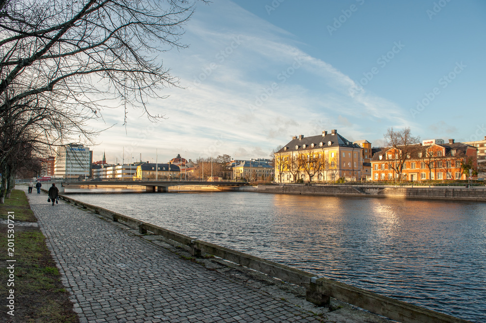 Motala river and the waterfront in Norrkoping during late fall in Sweden