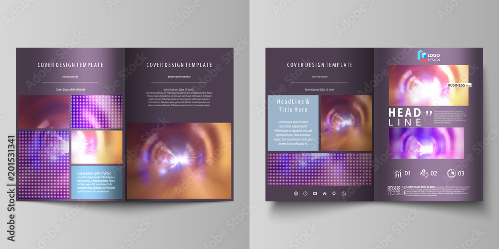 Business templates for bi fold brochure, magazine, flyer, booklet or annual report. Cover template, abstract vector layout in A4 size. Bright color colorful design, beautiful futuristic background.