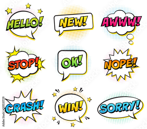 Retro comic speech bubbles set on white background. Expression text HELLO, NEW, AWWW, STOP, OK, NOPE, CRASH, WIN, SORRY. Vector illustration, pop art style.