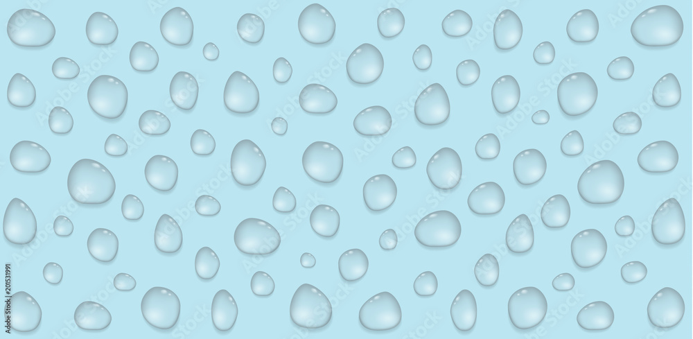 3d realistic water drops on a blue background. Vector illustration