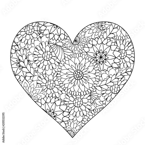 Hand drawn flower heart for adult anti stress.