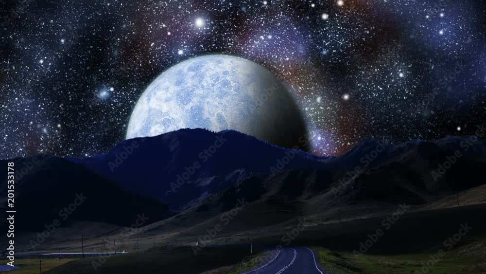 the planet is coming out of the horizon on the background of the starry sky