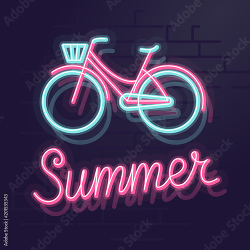Neon summer bicycle. Night illuminated wall street sign. Isolated geometric style illustration on brick wall background.