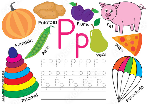 Letter P. English alphabet. Education for children. Writing practice with pictures.