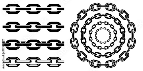 Monochrome set different type of metal chains in silhouette style. Seamless shape, for graphic design of logo, emblem, symbol, sign, badge, label, stamp, isolated on white background.