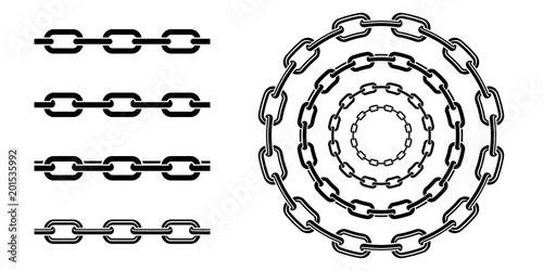 Monochrome set different type of metal chains in silhouette style. Seamless shape, for graphic design of logo, emblem, symbol, sign, badge, label, stamp, isolated on white background. photo