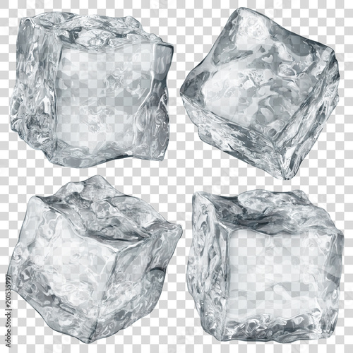Set of four realistic translucent ice cubes in gray color isolated on transparent background. Transparency only in vector format