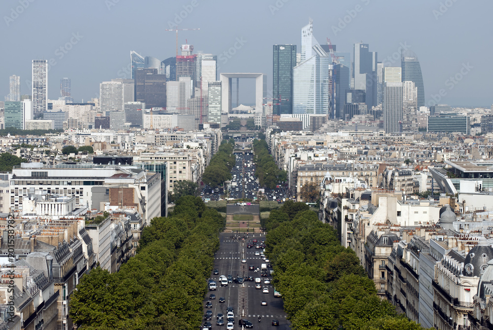 Fototapeta premium La Defense, Paris business district at the end of Avenue Charles de Gaulle.
