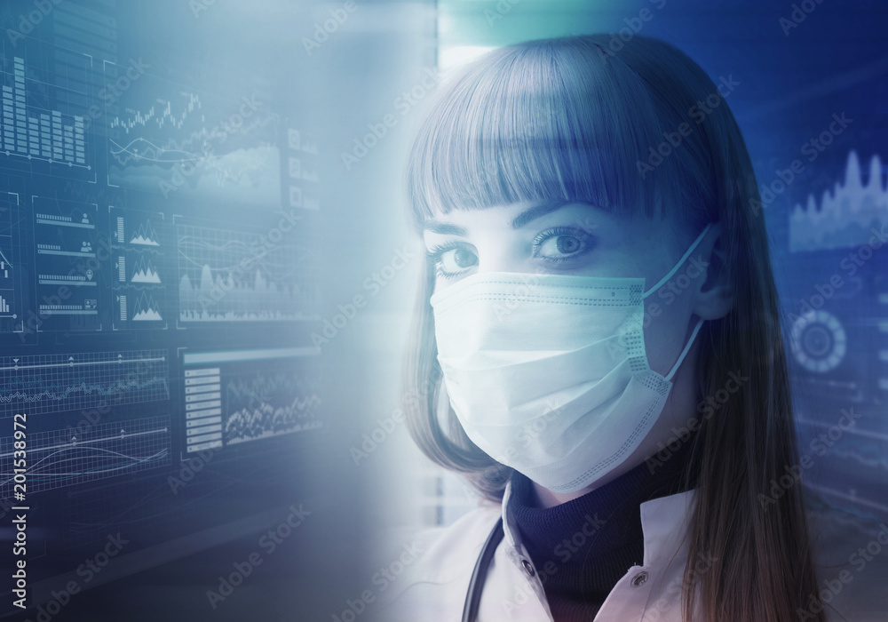 Innovative technologies in science and medicine. Beautiful female doctor and virtual display controls Innovative technologies in science and medicine. Beautiful female doctor and virtual display controls