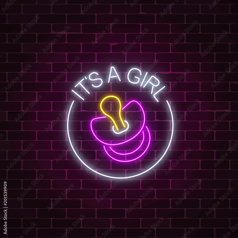 Glowing neon sign with congratulations on the birth of a baby girl on dark brick wall background. Glowing neon sign with congratulations on the birth of a baby girl on dark brick wall background.