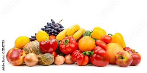 Big pile fruits, vegetables, berries isolated on white