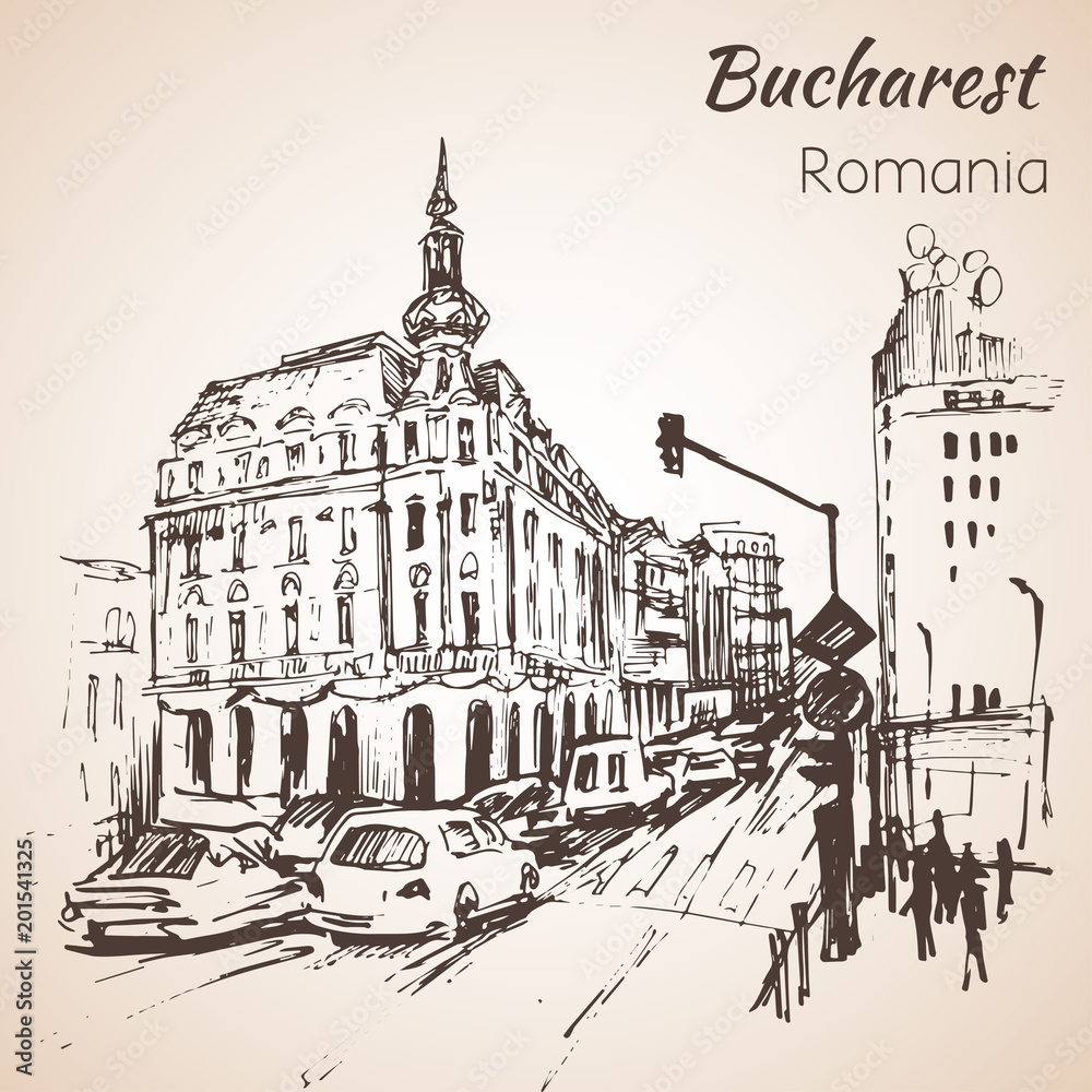 Hotel and buildings, street view. Sketch. Bucharest, Romania.