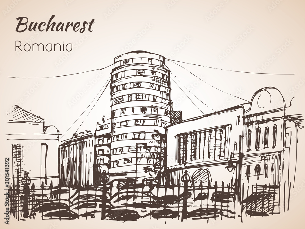 Fototapeta premium Cylindrical building sketch. Bucharest, Romania.