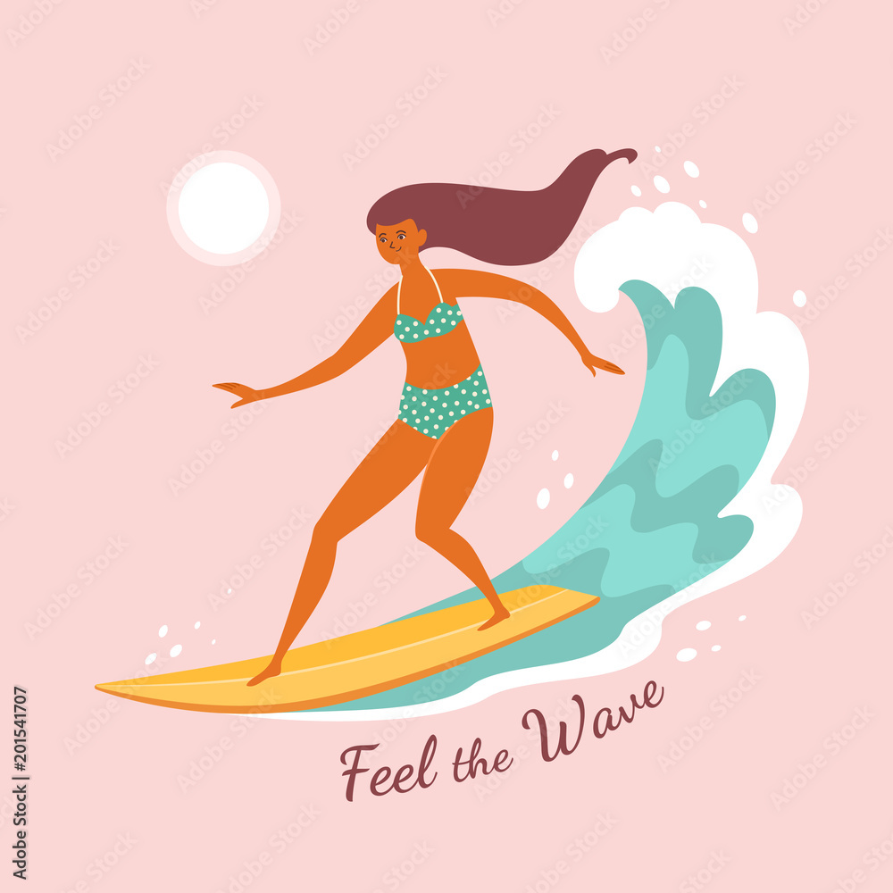 Feel the wave. Vector illustration of a pretty young woman surfing the wave in trendy flat style. Isolated on light pink background.