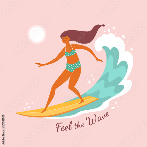 Feel the wave. Vector illustration of a pretty young woman surfing the wave in trendy flat style. Isolated on light pink background.