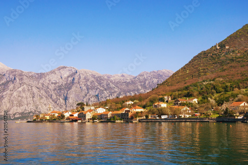Beautiful Mediterranean landscape. Montenegro, view of Bay of Kotor ( Adriatic Sea ) and seaside village of Stoliv