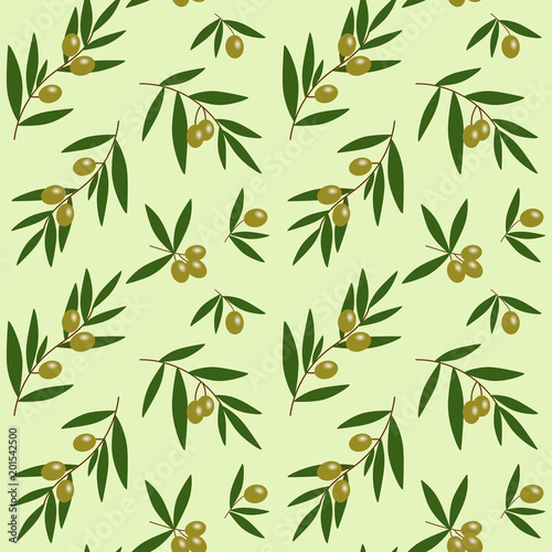 green olives branches with green leaves oil pattern on light green background seamless vector
