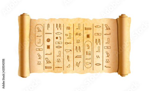 Old textured wide papyrus scroll with ancient egypt hieroglyphics on white