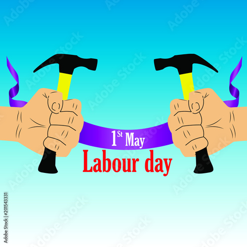 May 1 - labour day, poster of a working day with a hammer in hand in a vector or banner on a blue background