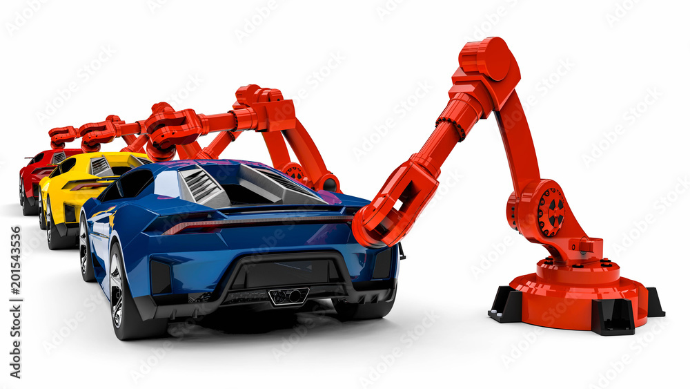 automotive robots / 3D render image representing a line of super cars with automotive robots 