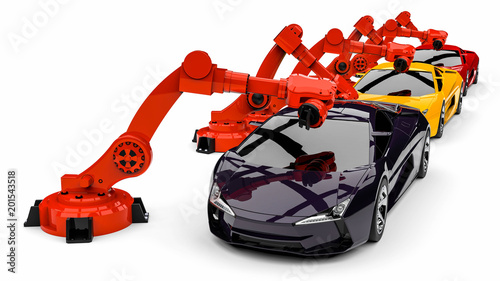 automotive robots / 3D render image representing a line of super cars with automotive robots 