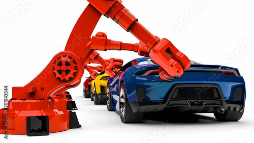 automotive robots / 3D render image representing a line of super cars with automotive robots 