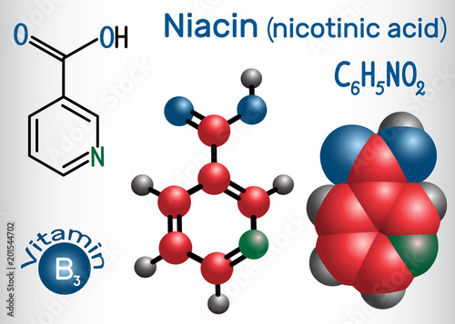 Niacin (nicotinic acid) molecule, is a vitamin B3 found in food, used as a dietary supplement. Structural chemical formula and molecule model