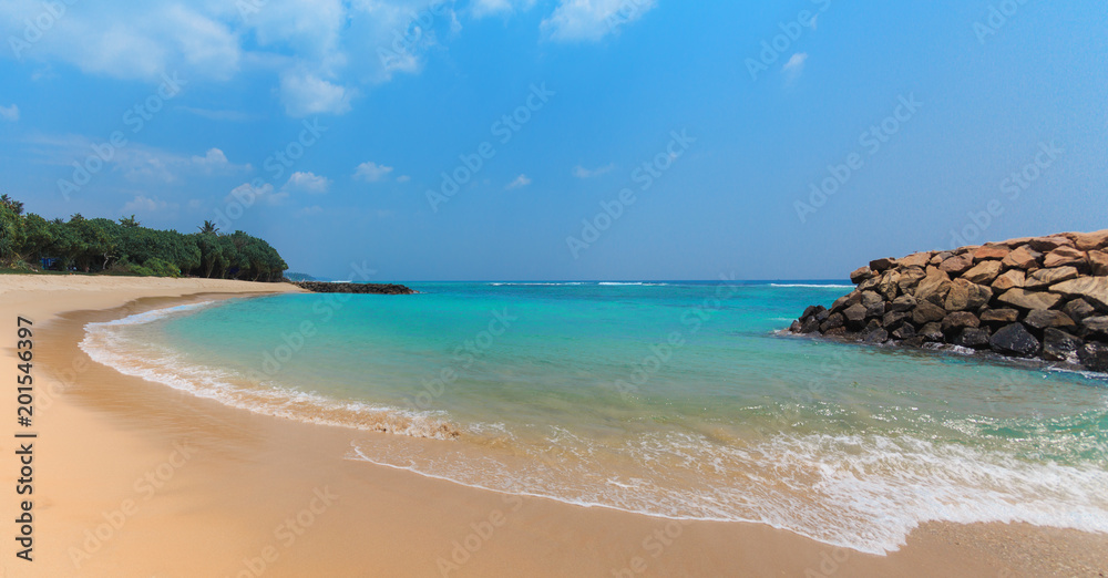 blue ocean with yellow sand and palm trees