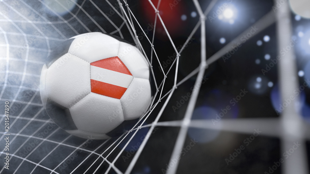 Naklejka premium Realistic soccer ball in the net with the flag of Austria.(series)