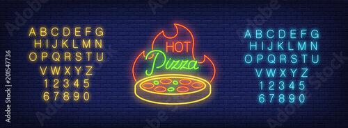 Neon alphabet and pizza on fire with Hot Pizza lettering over brick background. Restaurant, pizzeria, roadside cafe. Advertisement concept. For signboards, template design, banners