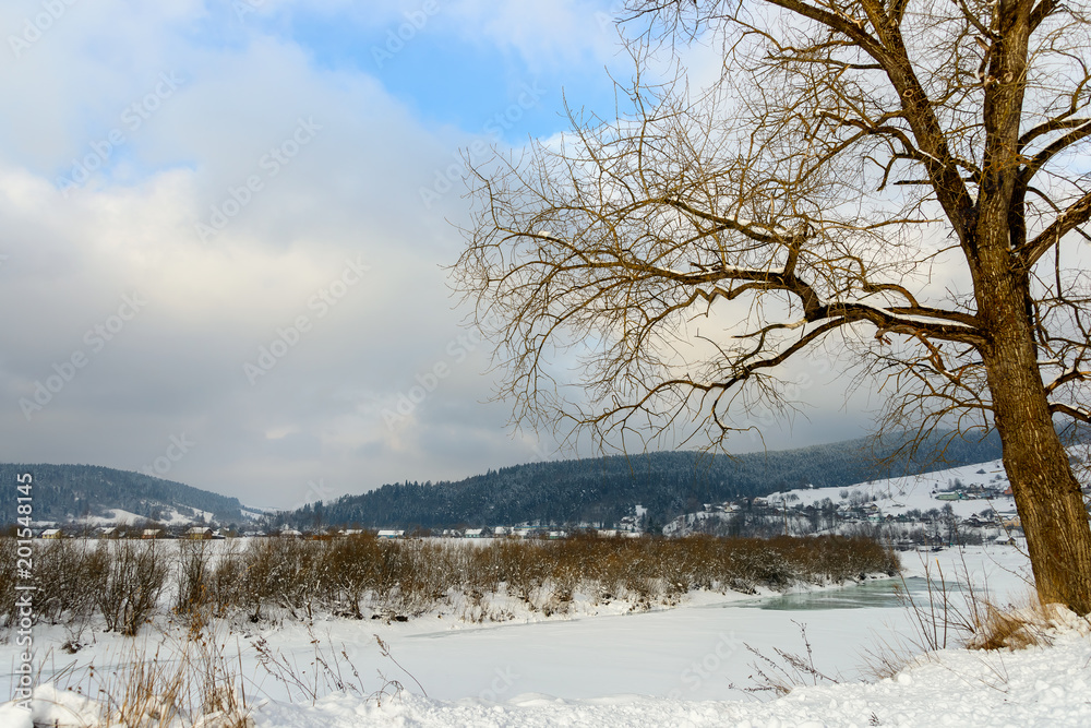 custom made wallpaper toronto digitalWinter landscape. Snow-covered mountain river at the foot of the high Mountains.