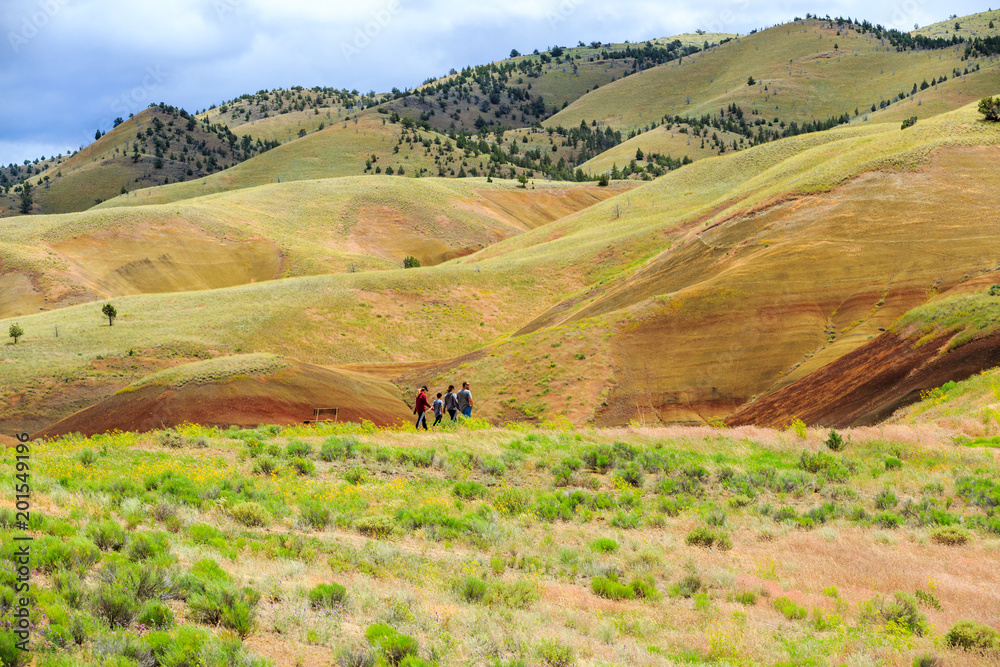 Fototapeta premium North America, United States, Oregon, Central Oregon, Redmond, Bend, Mitchell. Series of low clay hills striped in colorful bands of minerals, ash and clay deposits. Hikers.
