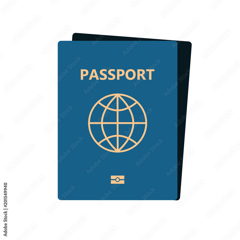 Blue passport isolated on dark background. International identification document for travel. Vector image about identification, travel, check-in, tourism, passport control Blue passport isolated on dark background. International identification document for travel. Vector image about identification, travel, check-in, tourism, passport control