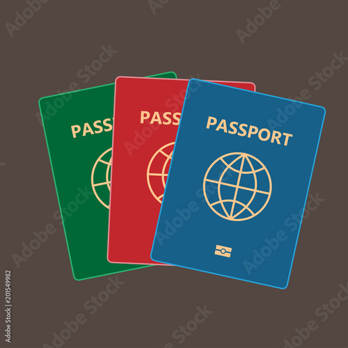 Blue, red, green passport isolated on dark. International identification document for travel. Vector image about identification, travel, check-in, tourism, passport control